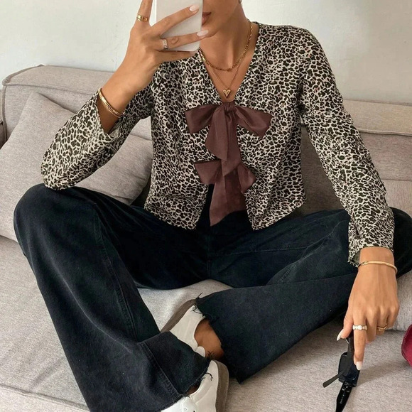 Black Casual Women's Comfort Chiffon Bow Tie Leopard Print Blouse - Picture 5 of 5